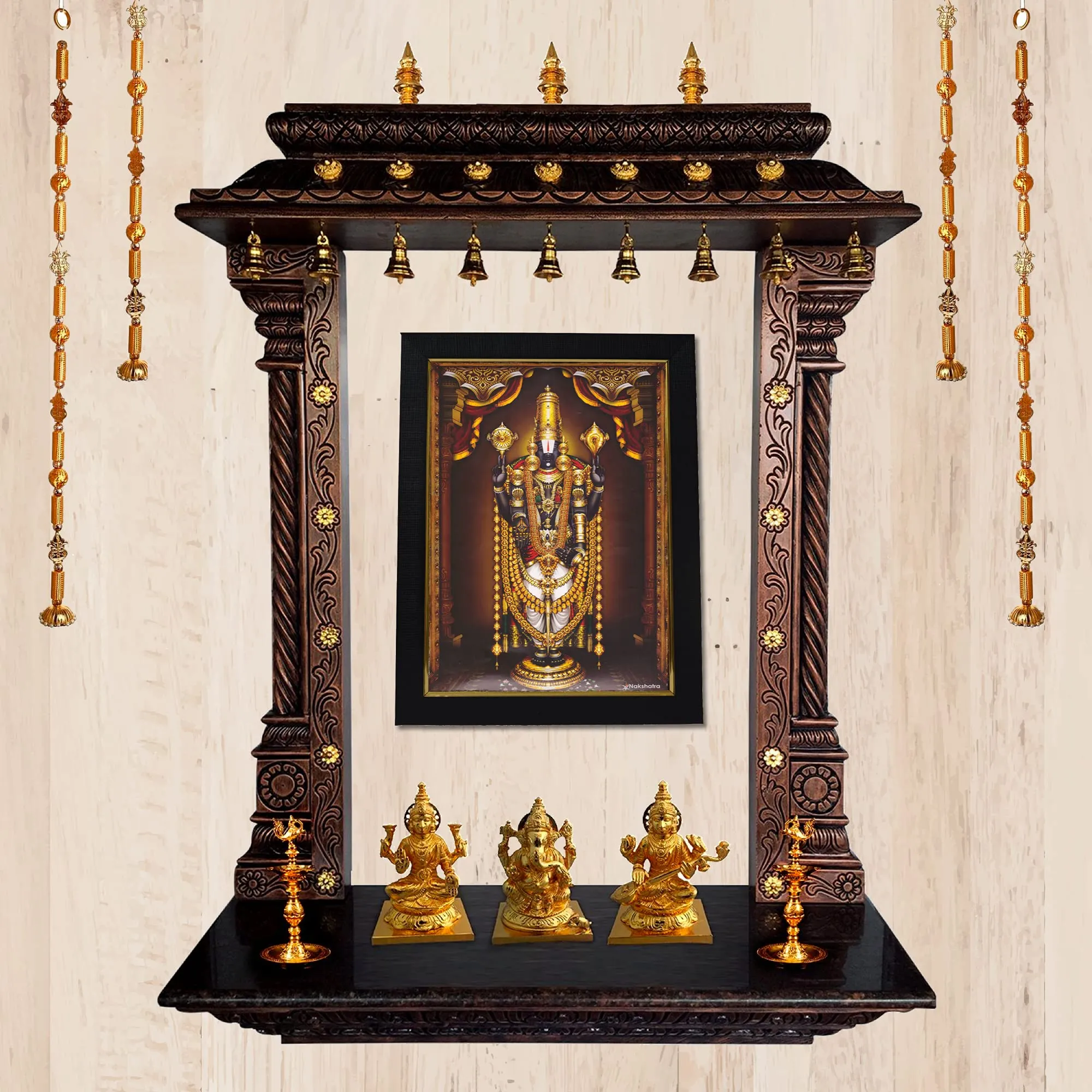 101Temples - Divinity Eternity Spirituality Tirupati Balaji Nijapada Dharshanam in Gold garland God Photo Frame for pooja room with Wall hook, 1 Piece | 13 x 10”, Matt finish