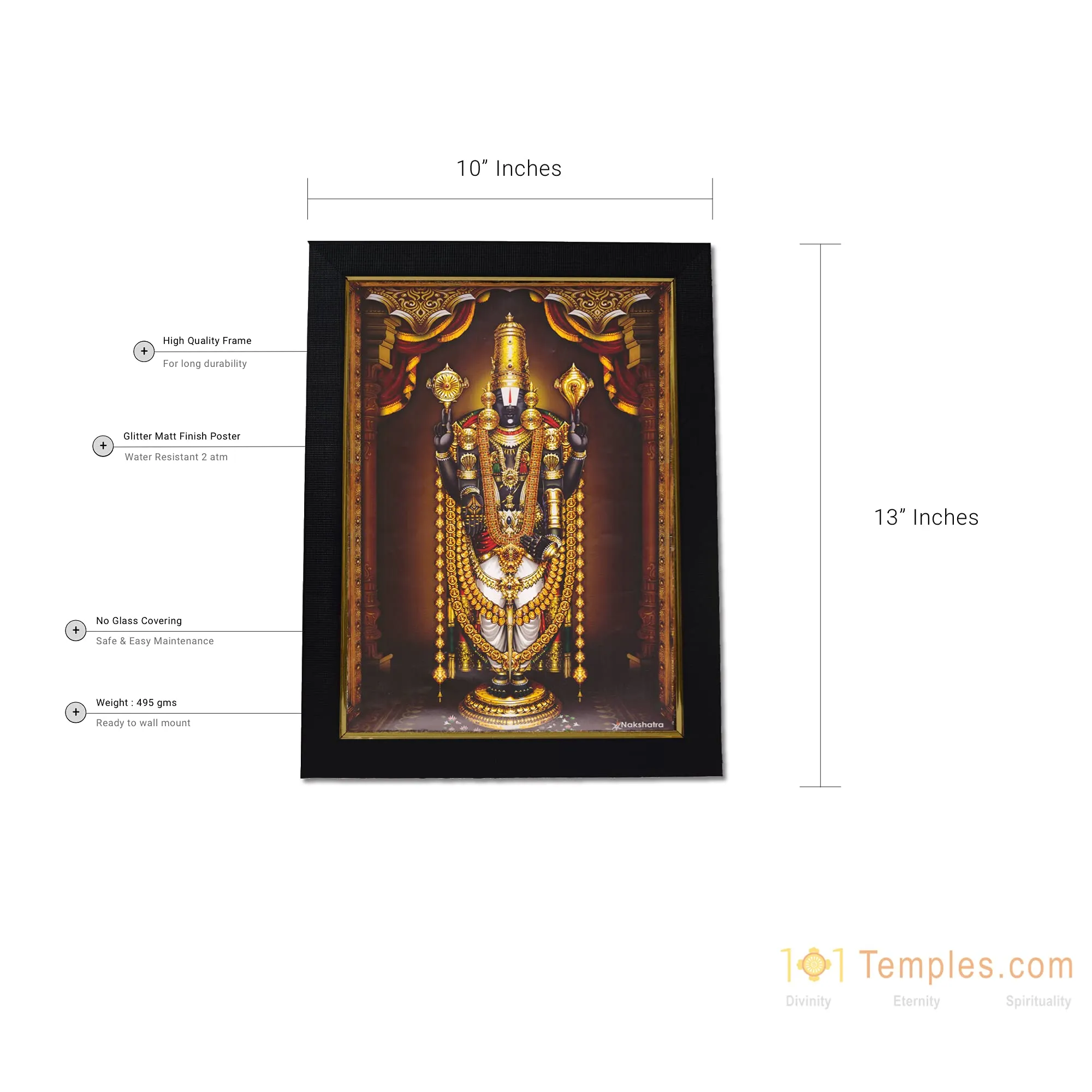 101Temples - Divinity Eternity Spirituality Tirupati Balaji Nijapada Dharshanam in Gold garland God Photo Frame for pooja room with Wall hook, 1 Piece | 13 x 10”, Matt finish
