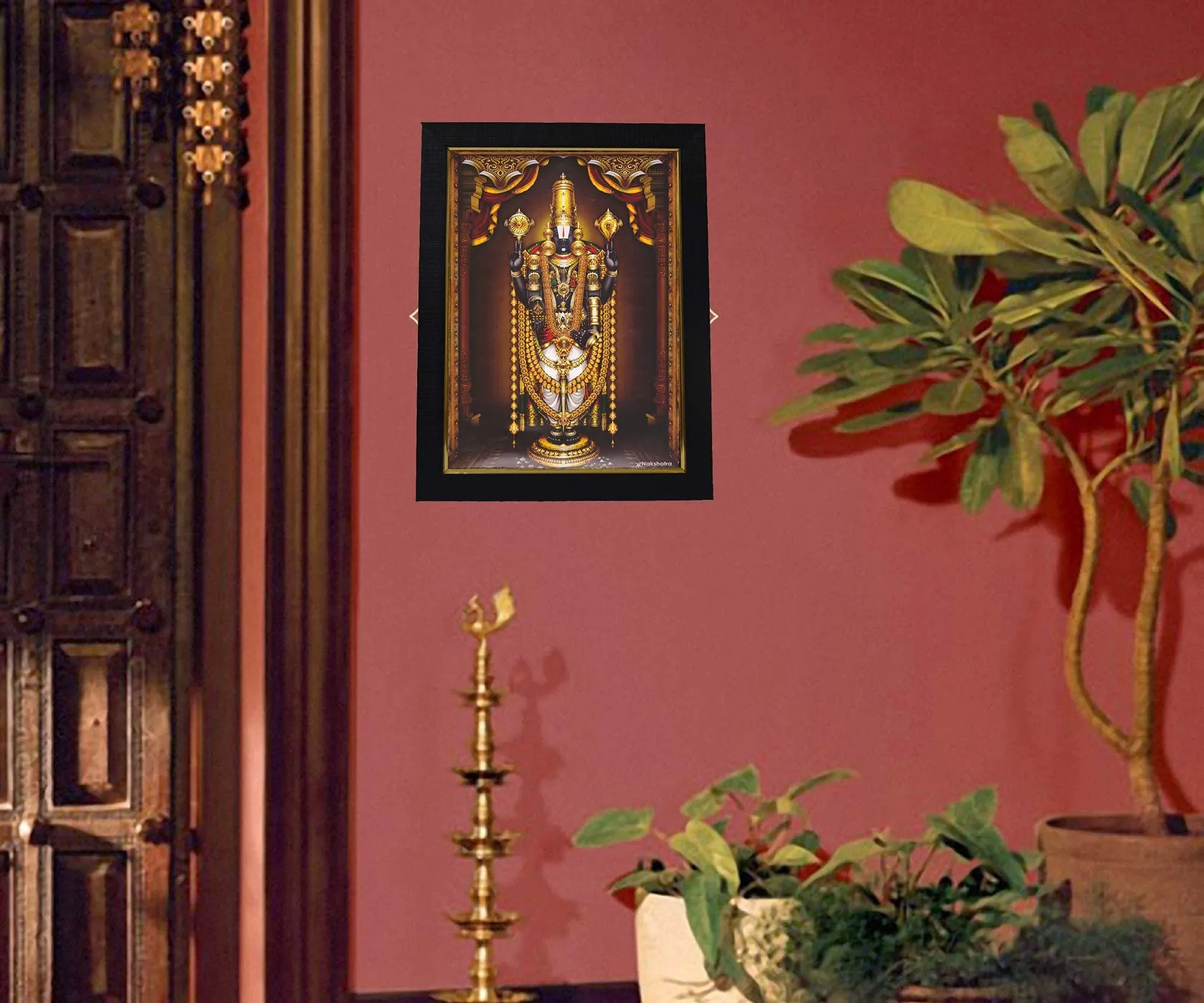 101Temples - Divinity Eternity Spirituality Tirupati Balaji Nijapada Dharshanam in Gold garland God Photo Frame for pooja room with Wall hook, 1 Piece | 13 x 10”, Matt finish