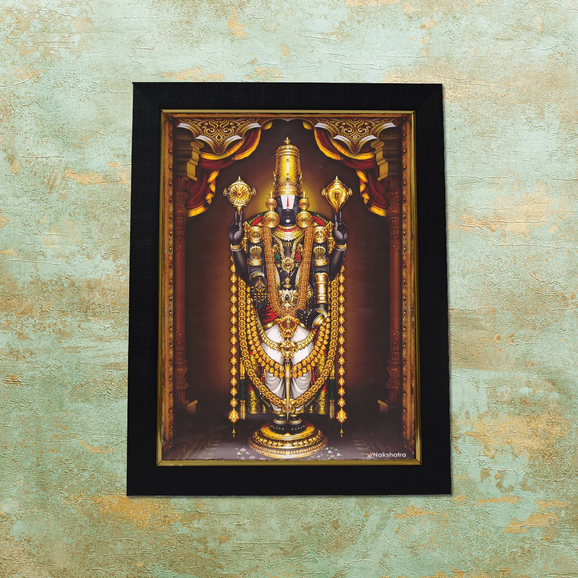 101Temples - Divinity Eternity Spirituality Tirupati Balaji Nijapada Dharshanam in Gold garland God Photo Frame for pooja room with Wall hook, 1 Piece | 13 x 10”, Matt finish