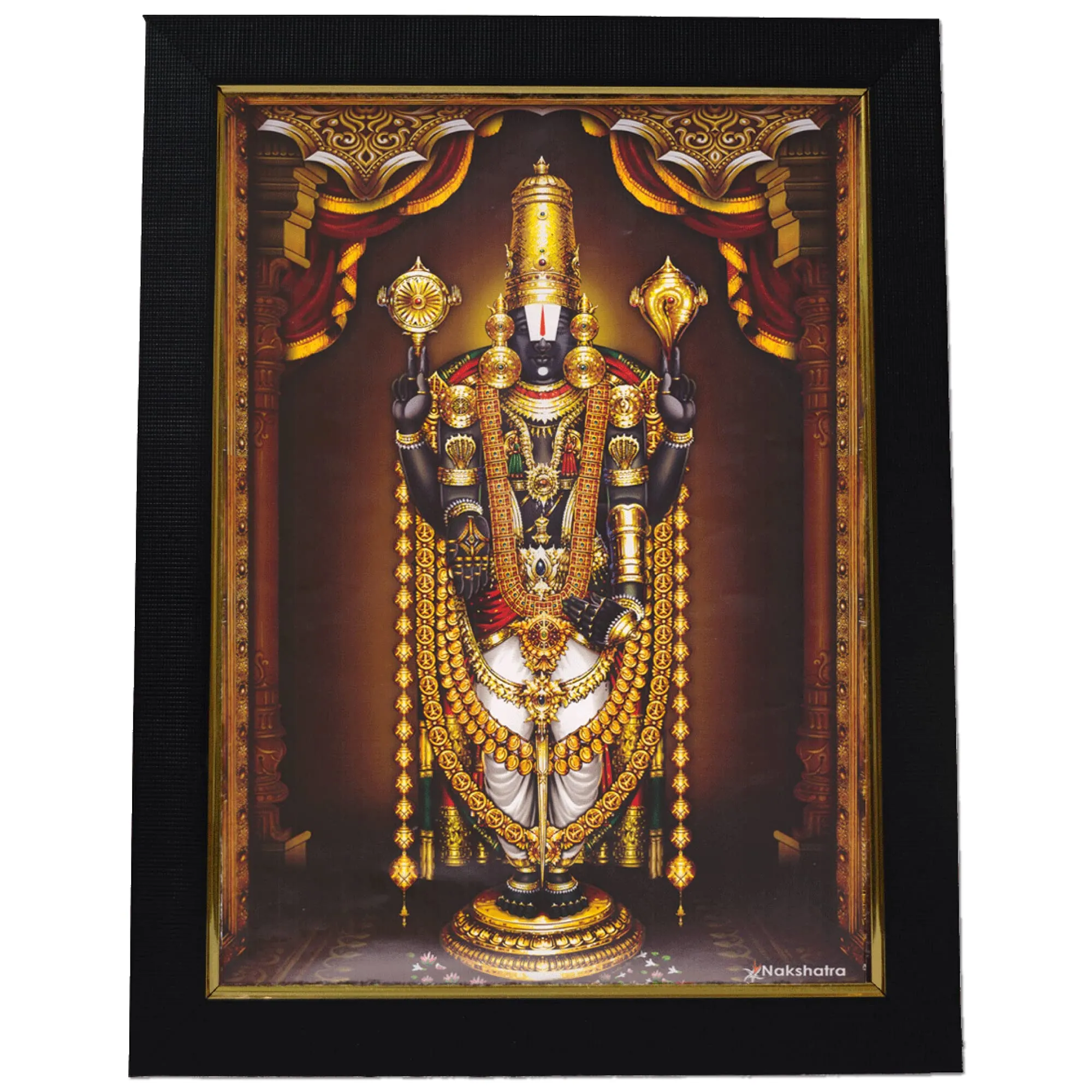 101Temples - Divinity Eternity Spirituality Tirupati Balaji Nijapada Dharshanam in Gold garland God Photo Frame for pooja room with Wall hook, 1 Piece | 13 x 10”, Matt finish