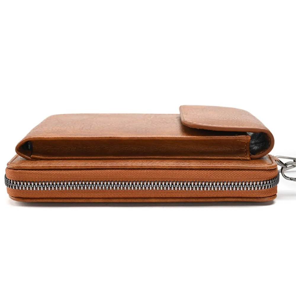 (18x11x5cm) Universal Cell Phone Leather Shoulder Bag Wallet Fashion Crossbody Bag in Vintage Look - Brown