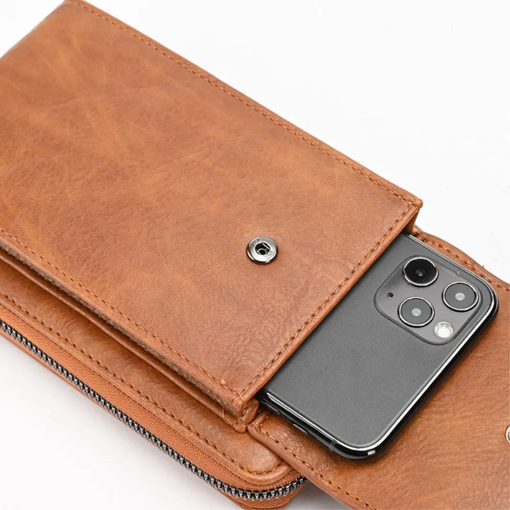 (18x11x5cm) Universal Cell Phone Leather Shoulder Bag Wallet Fashion Crossbody Bag in Vintage Look - Brown