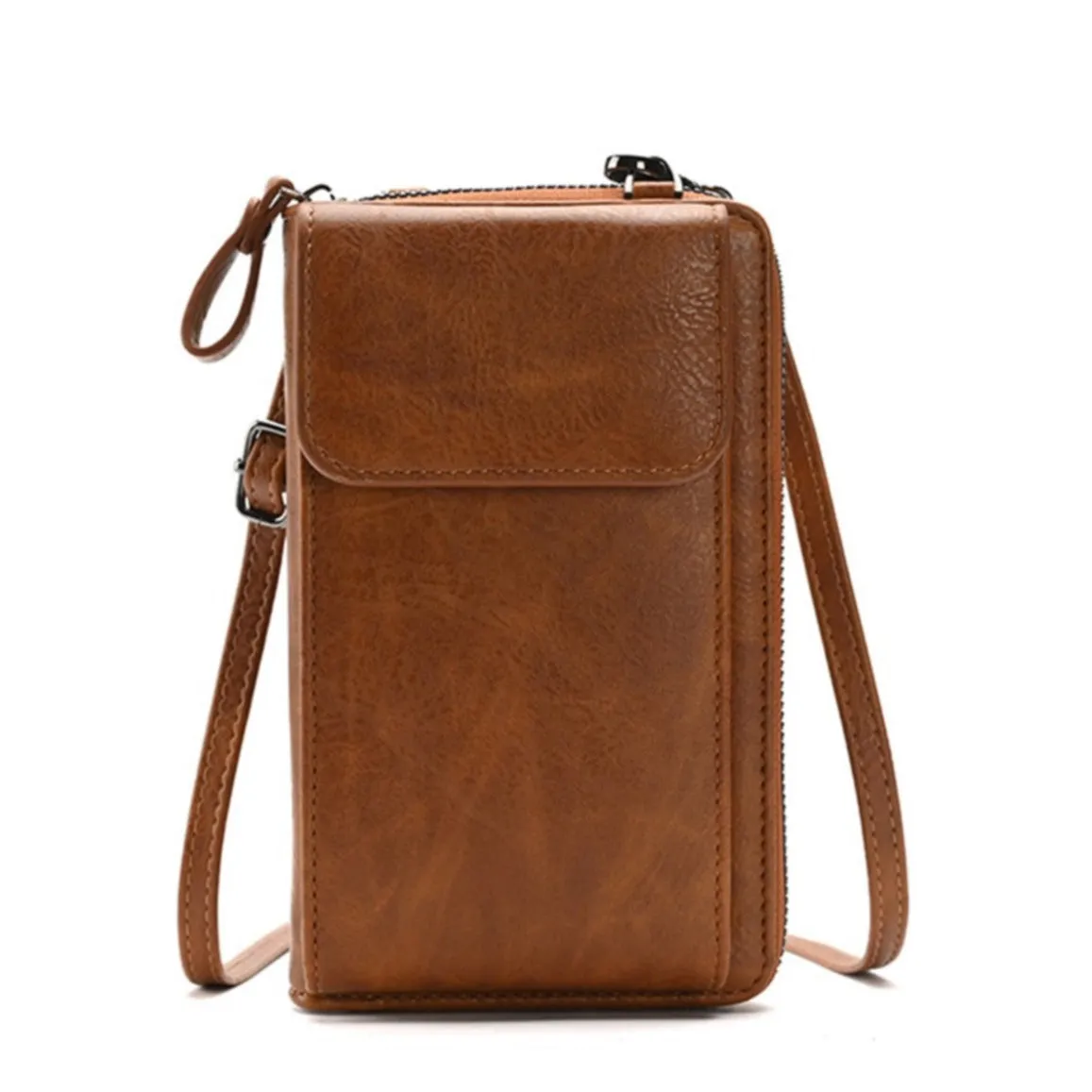 (18x11x5cm) Universal Cell Phone Leather Shoulder Bag Wallet Fashion Crossbody Bag in Vintage Look - Brown