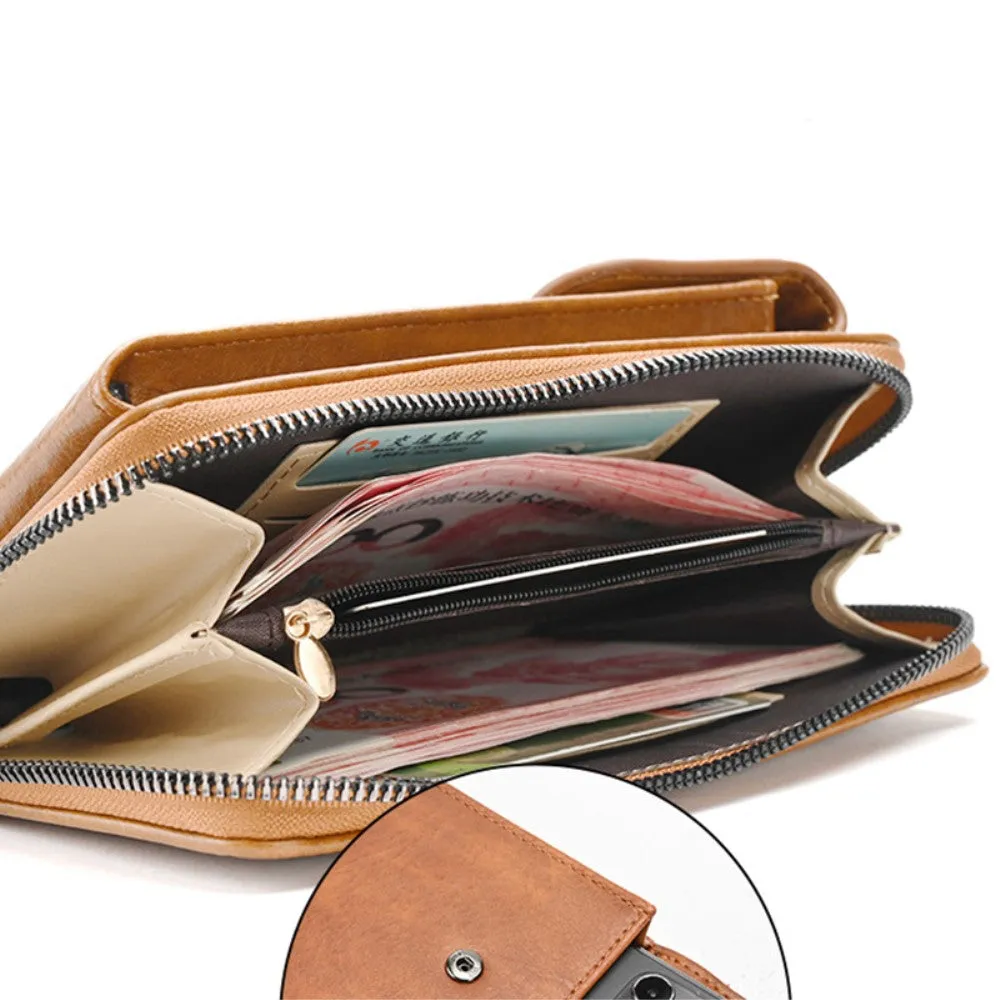 (18x11x5cm) Universal Cell Phone Leather Shoulder Bag Wallet Fashion Crossbody Bag in Vintage Look - Brown