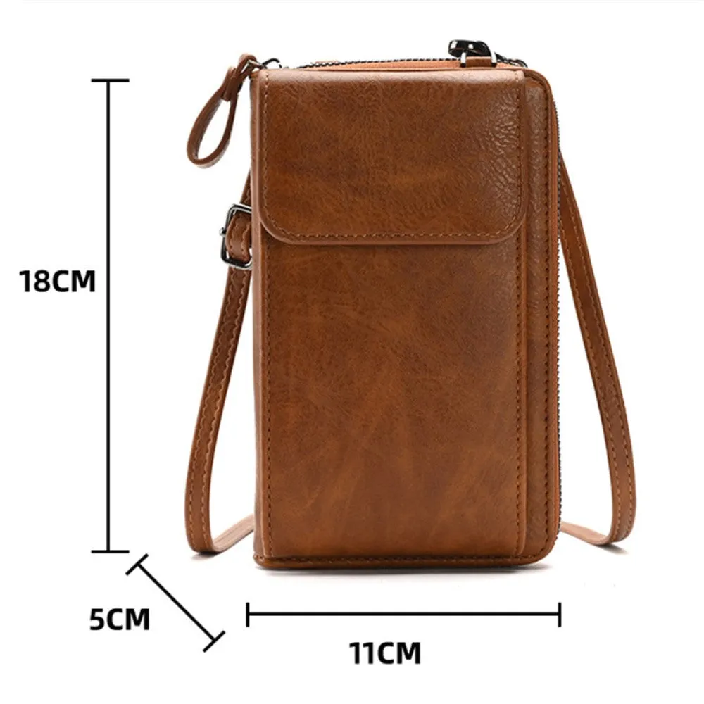 (18x11x5cm) Universal Cell Phone Leather Shoulder Bag Wallet Fashion Crossbody Bag in Vintage Look - Brown