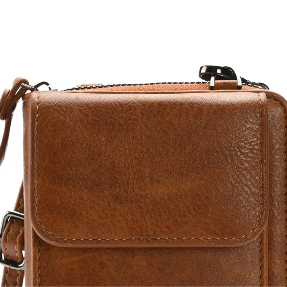 (18x11x5cm) Universal Cell Phone Leather Shoulder Bag Wallet Fashion Crossbody Bag in Vintage Look - Brown