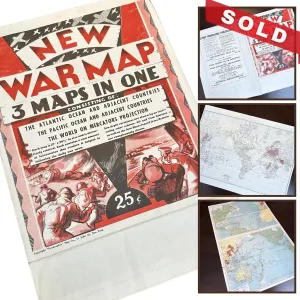 1941 New War Map — 3 Maps in One: The Atlantic Ocean, The Pacific, World on Mercator Projection