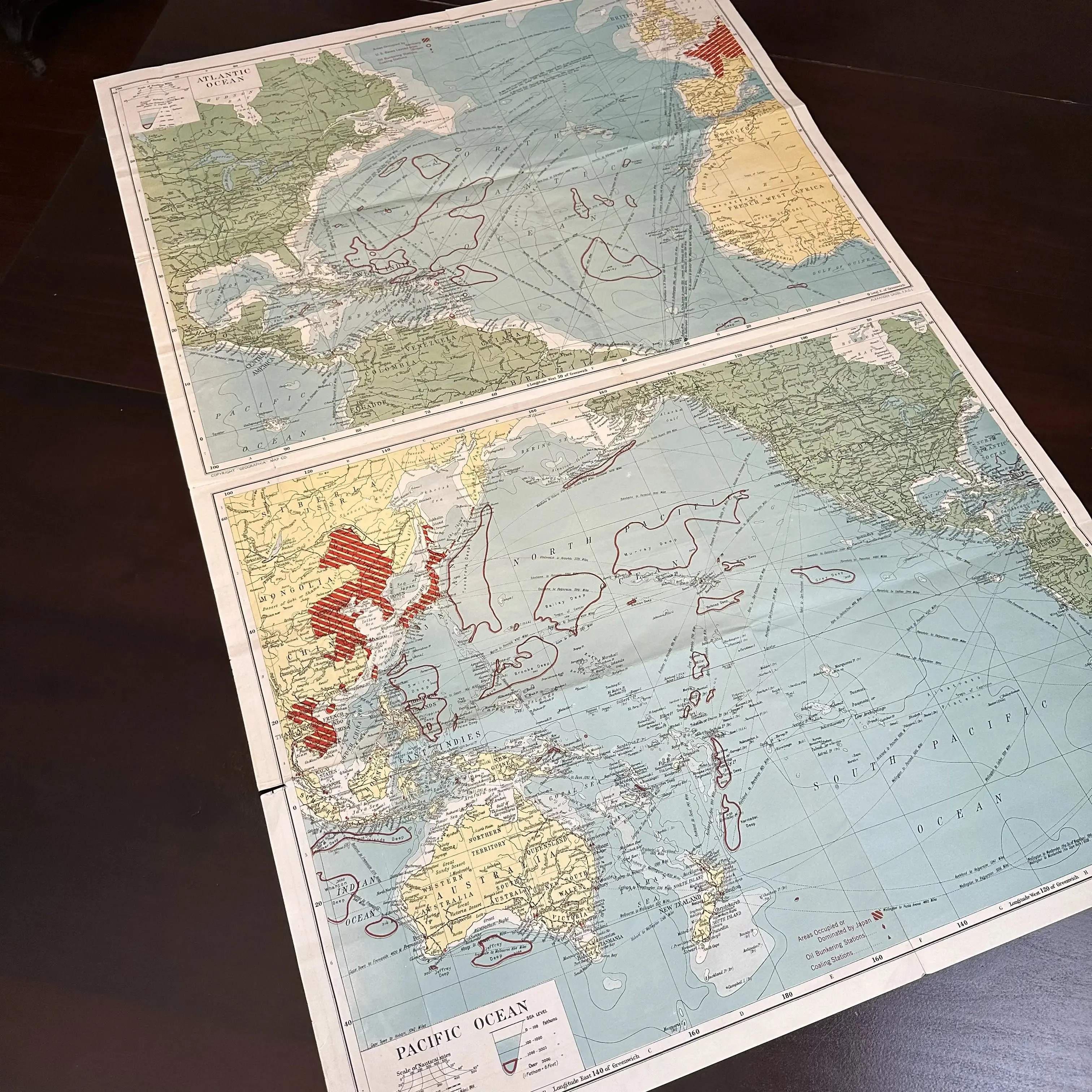 1941 New War Map — 3 Maps in One: The Atlantic Ocean, The Pacific, World on Mercator Projection