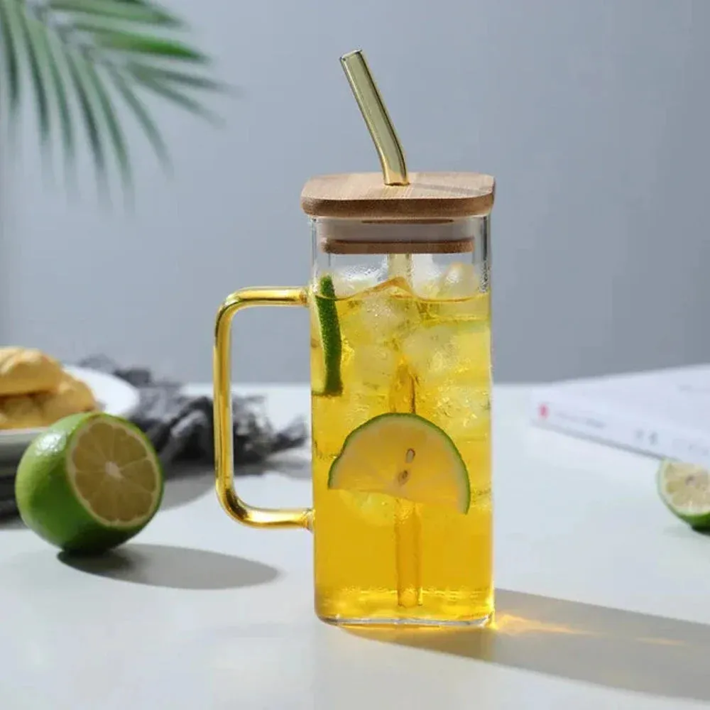 400ml Square Glass Sipper with Secure Lid and Reusable Straw