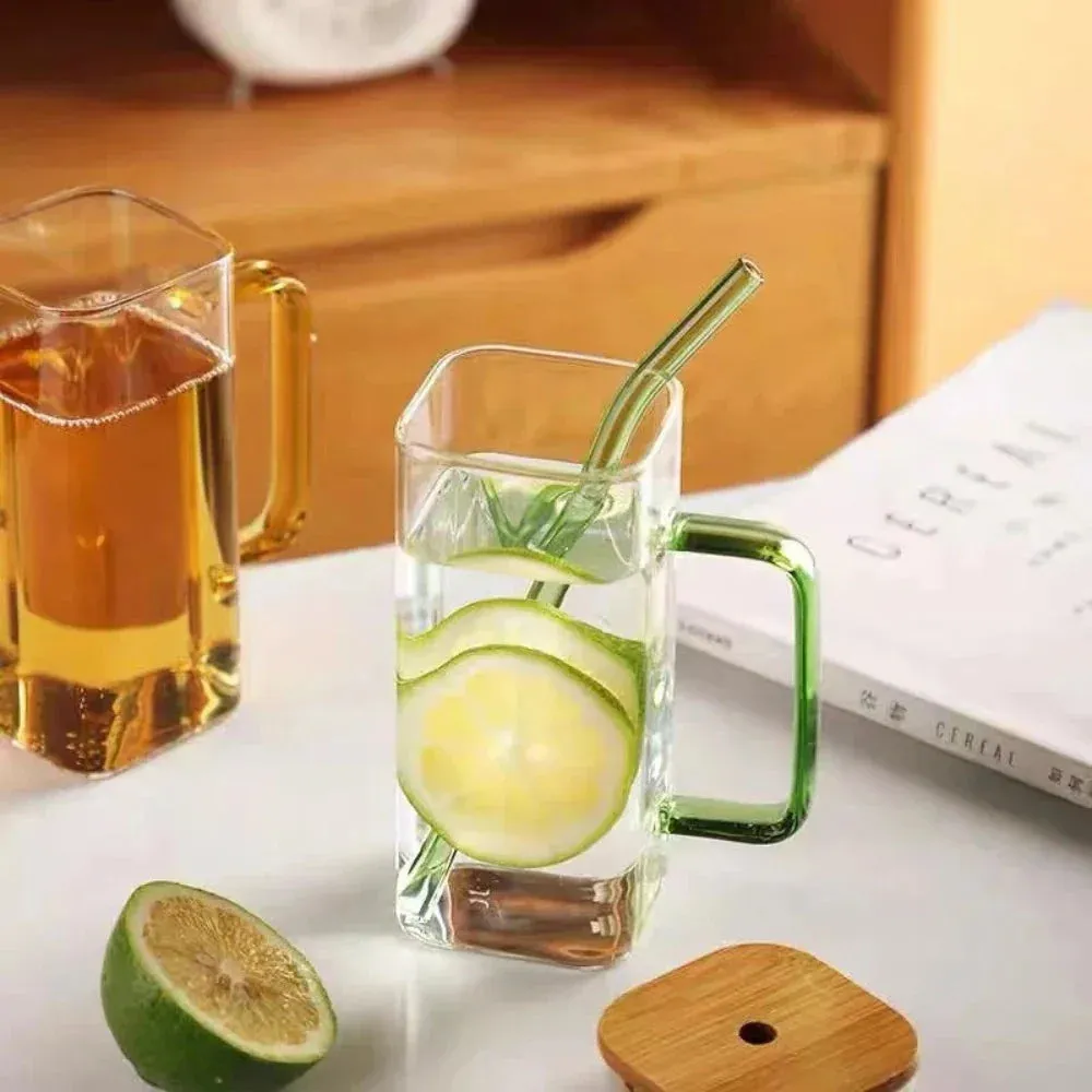 400ml Square Glass Sipper with Secure Lid and Reusable Straw