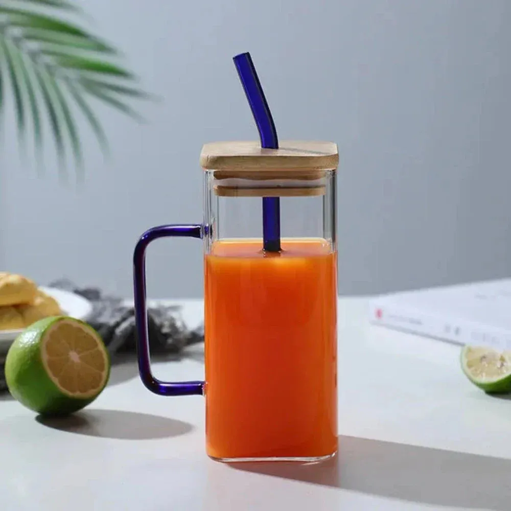 400ml Square Glass Sipper with Secure Lid and Reusable Straw