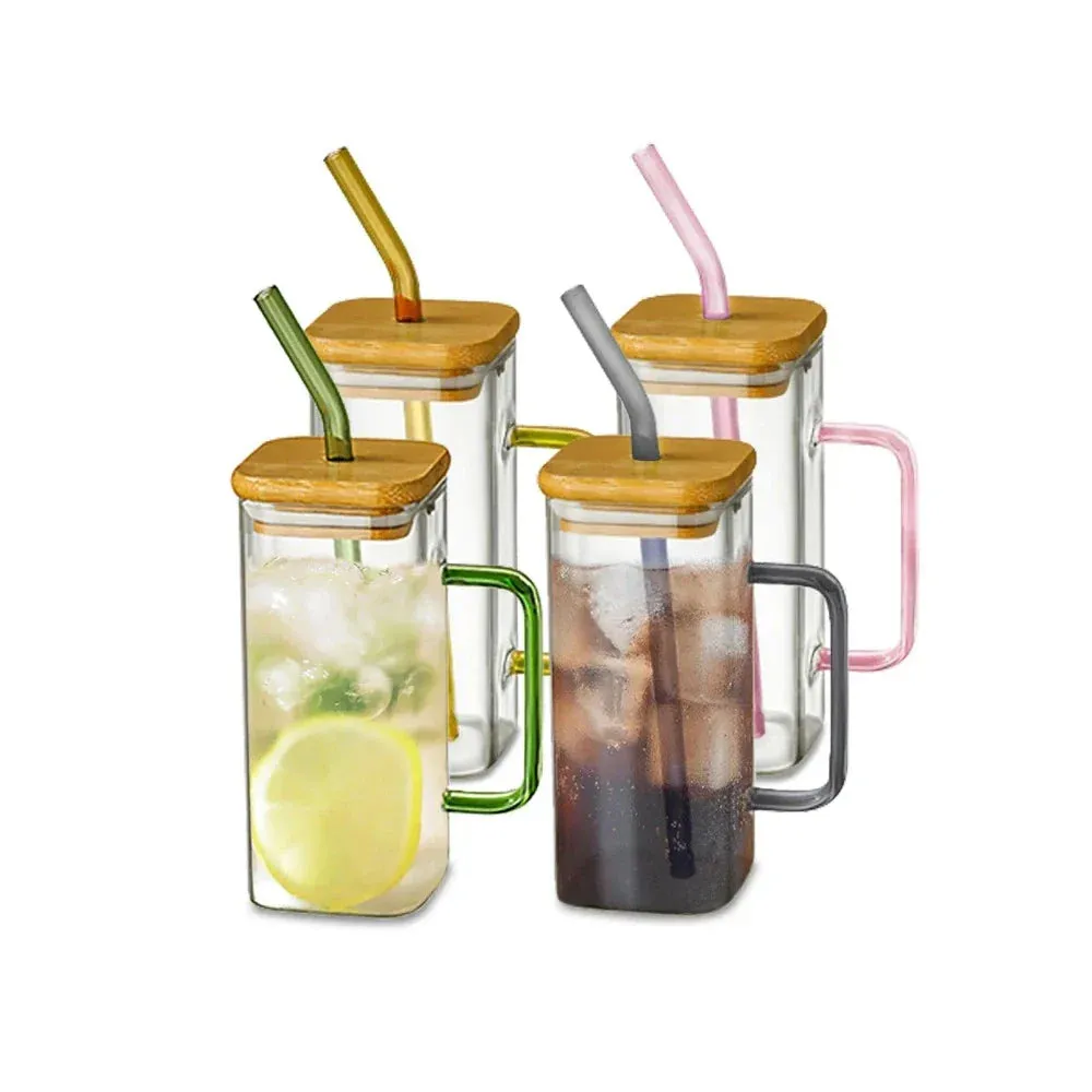 400ml Square Glass Sipper with Secure Lid and Reusable Straw