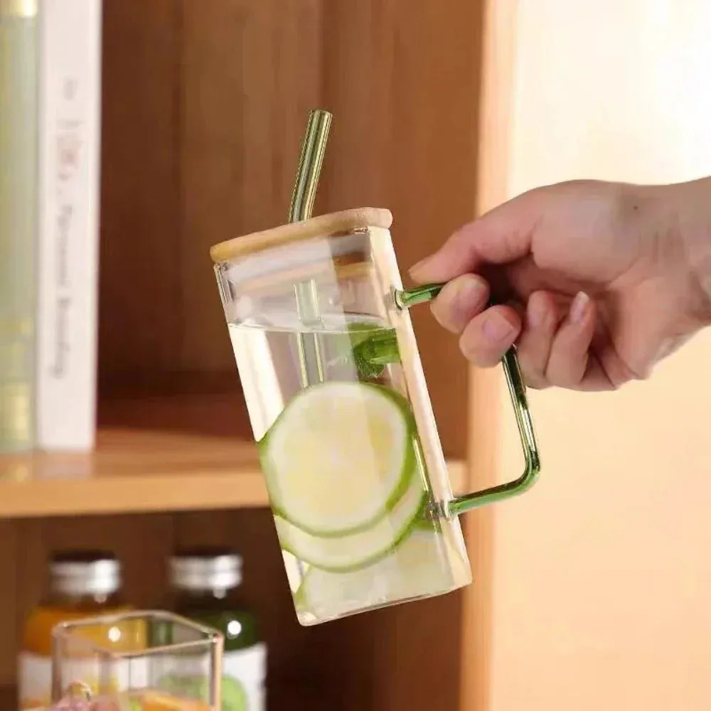 400ml Square Glass Sipper with Secure Lid and Reusable Straw