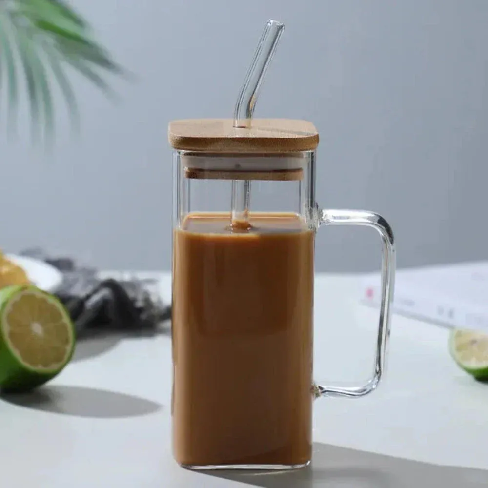 400ml Square Glass Sipper with Secure Lid and Reusable Straw