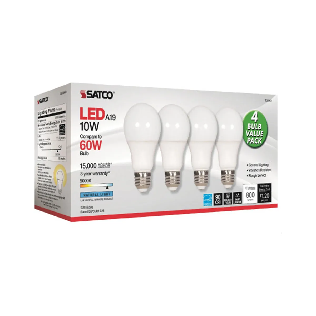 A19 LED Bulb, 60W Equivalent, 10 Watt, 800 Lumens, 5000K, E26 Medium Base, Frosted Finish, Pack Of 4
