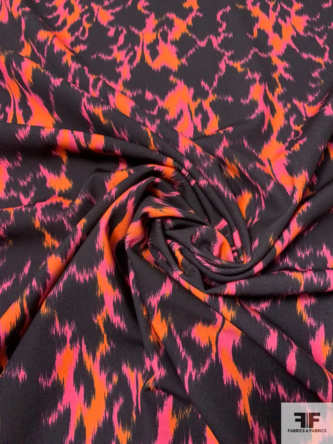 Abstract Ikat Printed Fine Polyester Crepe - Orange / Magenta / Black