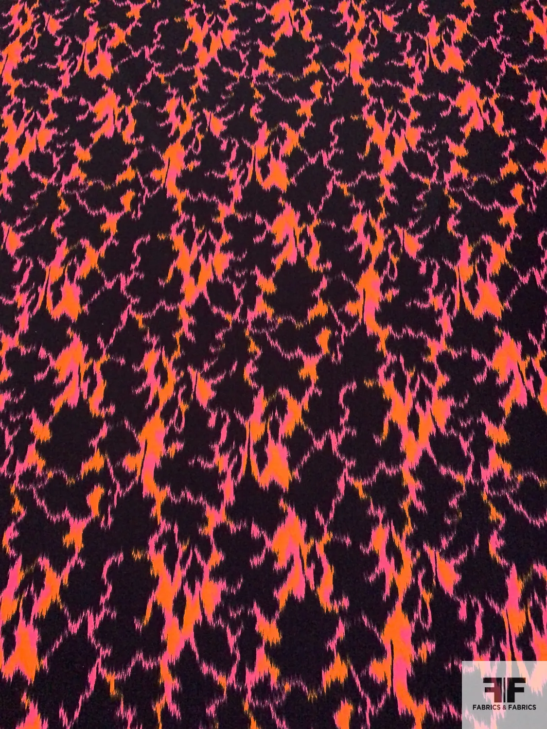 Abstract Ikat Printed Fine Polyester Crepe - Orange / Magenta / Black