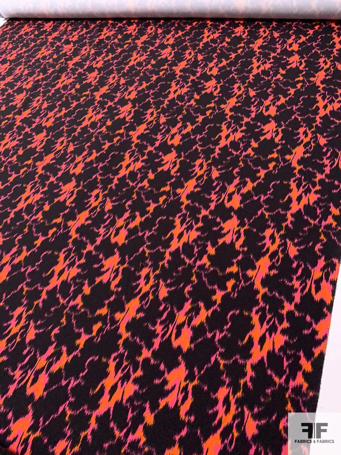 Abstract Ikat Printed Fine Polyester Crepe - Orange / Magenta / Black