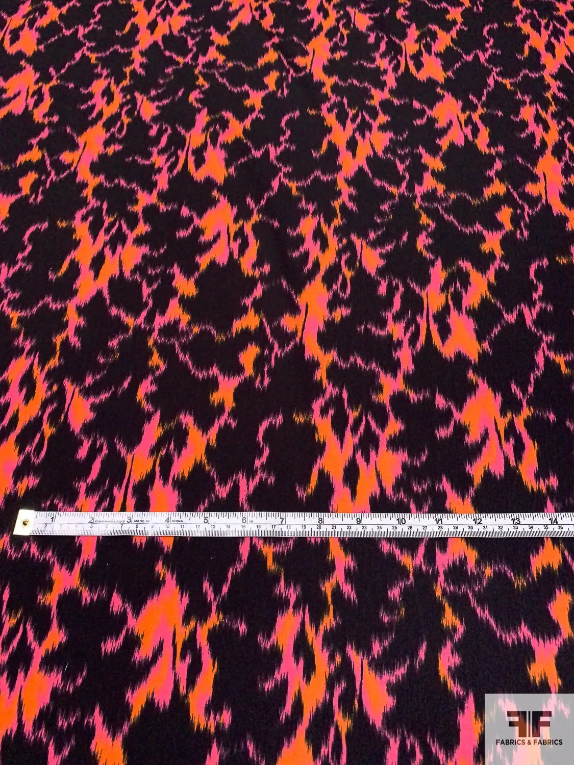 Abstract Ikat Printed Fine Polyester Crepe - Orange / Magenta / Black