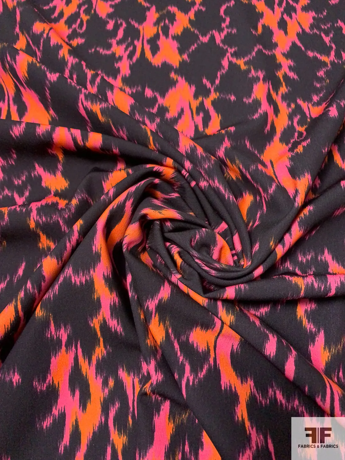 Abstract Ikat Printed Fine Polyester Crepe - Orange / Magenta / Black