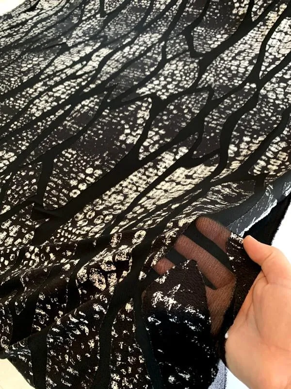 Abstract Printed Partly-Sheer Poly Blend Novelty Knit - Black / White