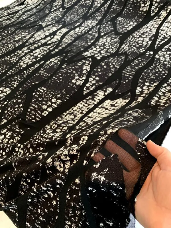 Abstract Printed Partly-Sheer Poly Blend Novelty Knit - Black / White