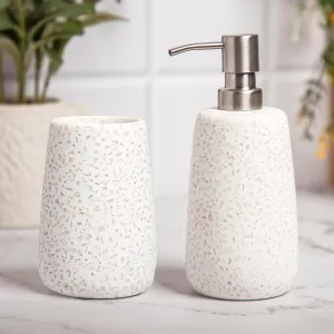 Anko Stoneware Liquid Soap Dispenser (500mL) & Toothbrush Holder Stand Set | Bathroom Organiser for Home, Office, Washroom | Bathroom Sanitizer, Lotion, Shampoo Dispenser | Bathroom Accessories, White