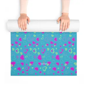 Blue Hearts Foam Yoga Mat, Blue and Pink Hearts Pattern Best Lightweight 0.25" thick Mat - Printed in USA (Size: 24″x72")