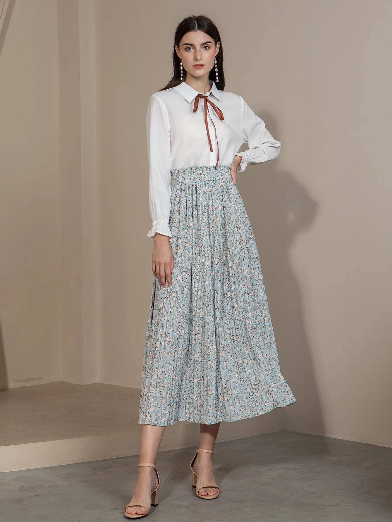 Boho Ditsy Floral Paper Bag Waist High Waist Long Women Skirt