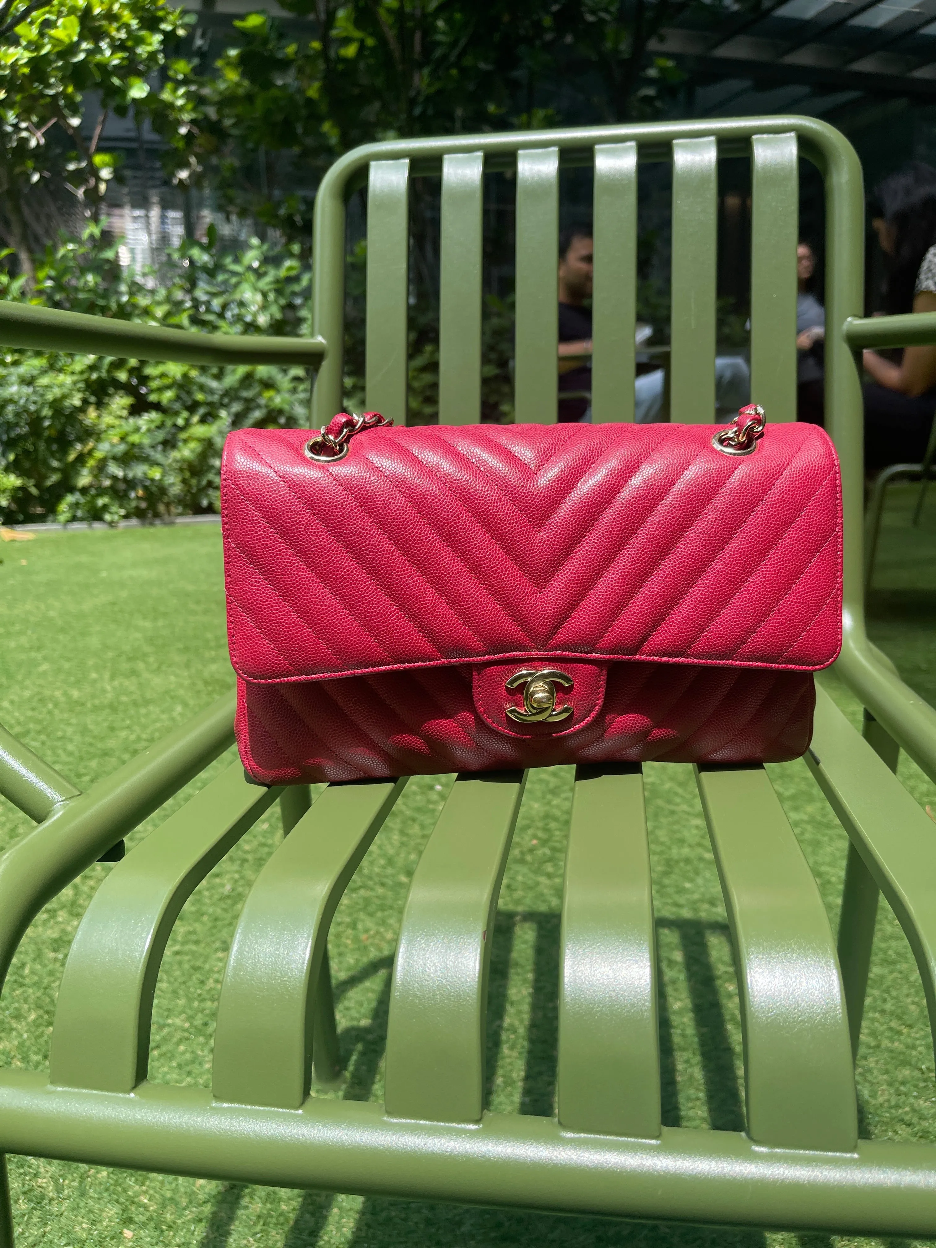 Chanel Medium Chevron Rosy Red Caviar Gold Hardware 18B