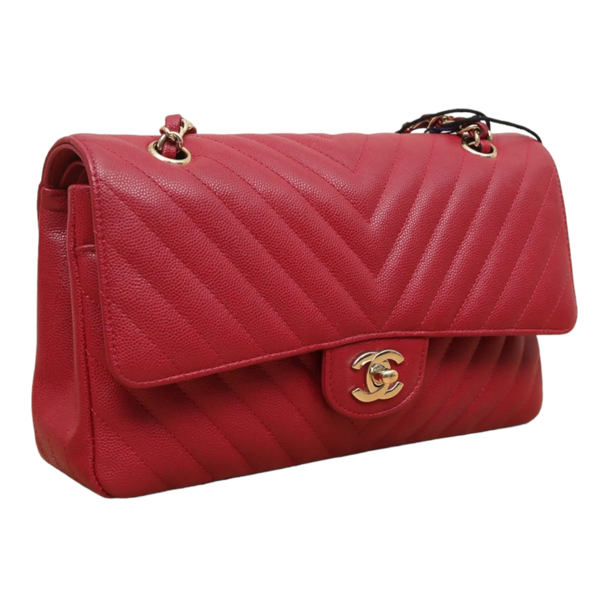 Chanel Medium Chevron Rosy Red Caviar Gold Hardware 18B