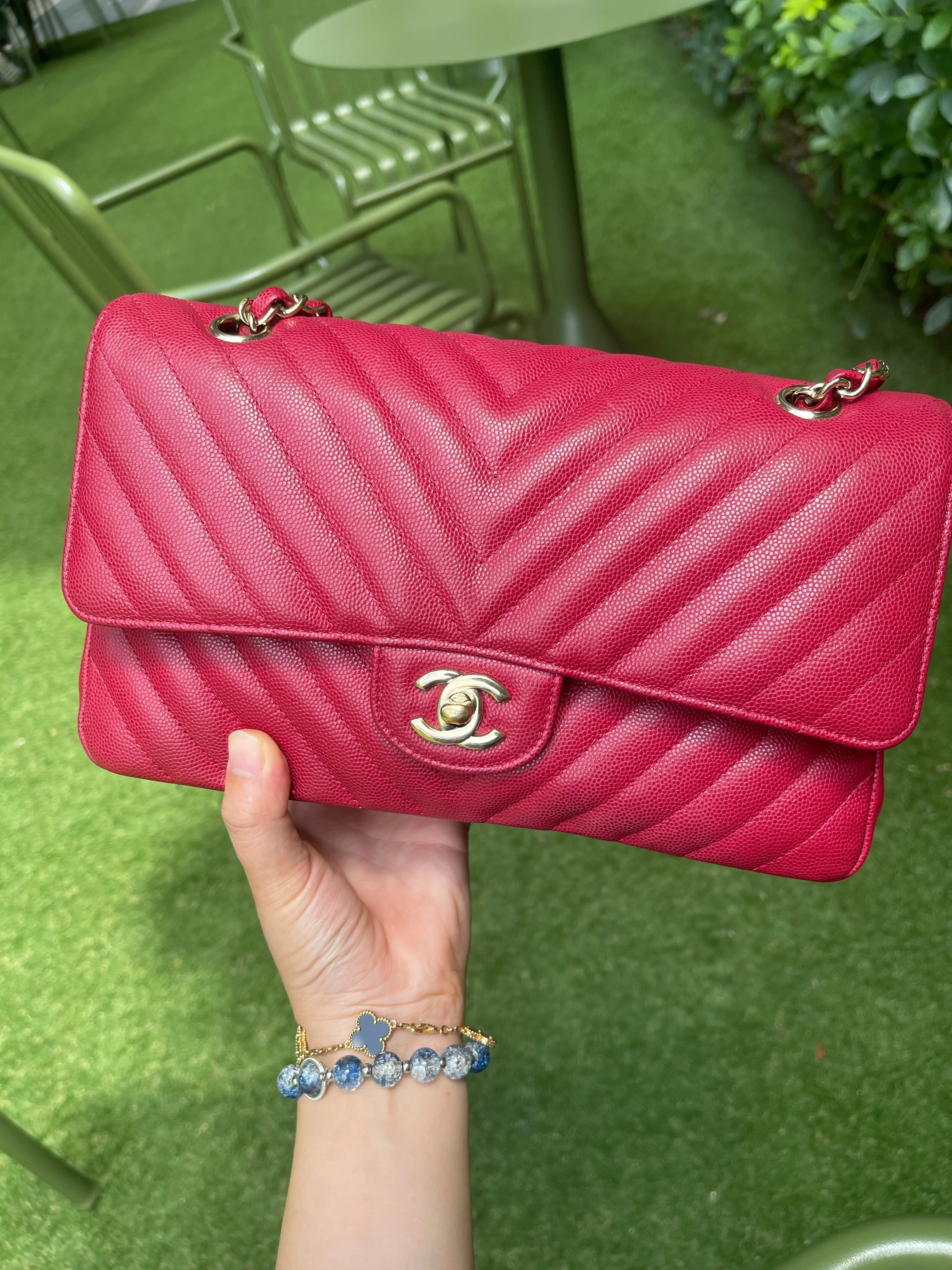 Chanel Medium Chevron Rosy Red Caviar Gold Hardware 18B
