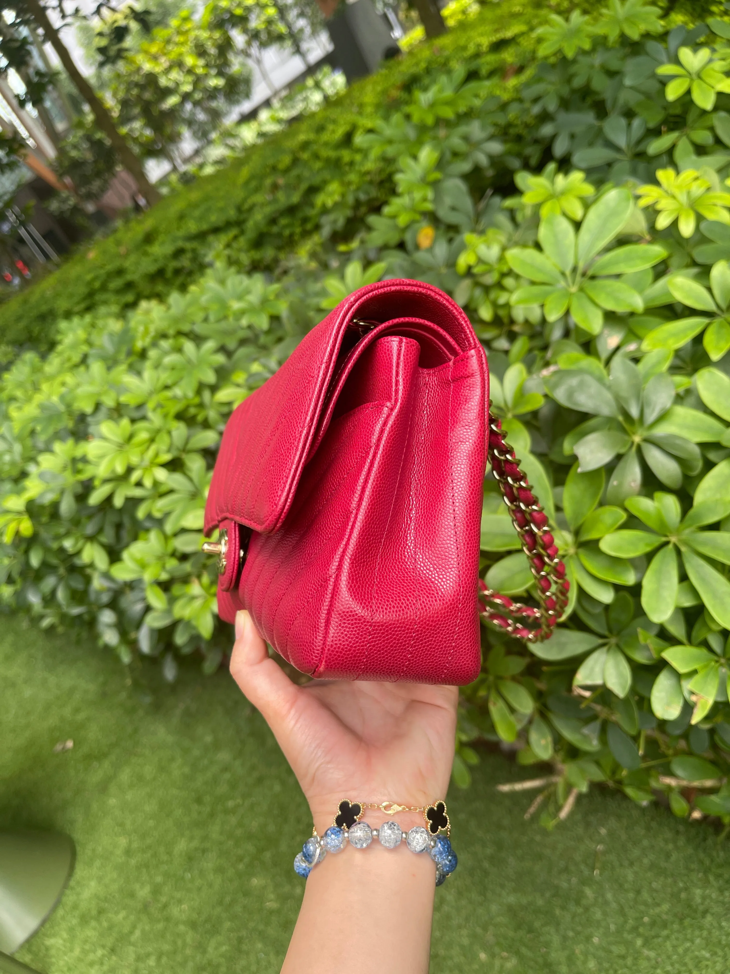 Chanel Medium Chevron Rosy Red Caviar Gold Hardware 18B