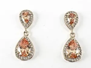 Classic Fine Pear Shape Orange Color CZ Dangle Gold Tone Brass Earrings