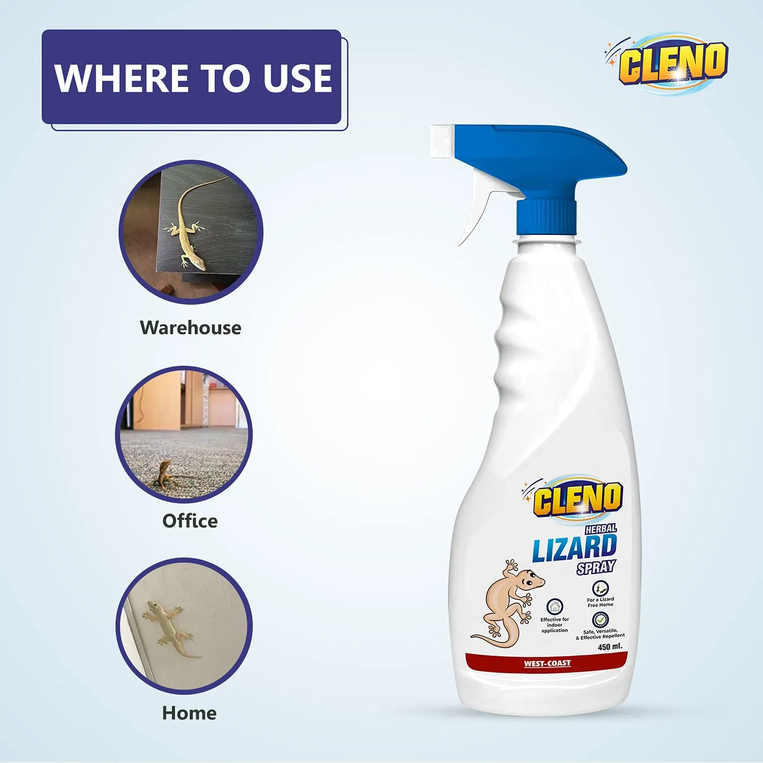 Cleno Herbal Lizard Repellent Spray | Completely Herbal | Made with Camphor, Lavender Oil & Eucalyptus Oil | Eco-friendly & Biodegradable | Baby-Safe, Skin-Safe – 450ml (Pack of 3) (Ready to Use)
