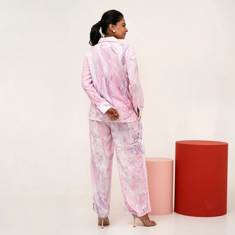 Co-Ord Set For Women | Marble Printed | Plant Based Silk | Pink & Purple