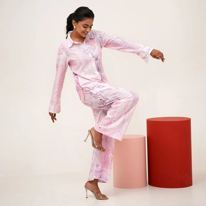 Co-Ord Set For Women | Marble Printed | Plant Based Silk | Pink & Purple