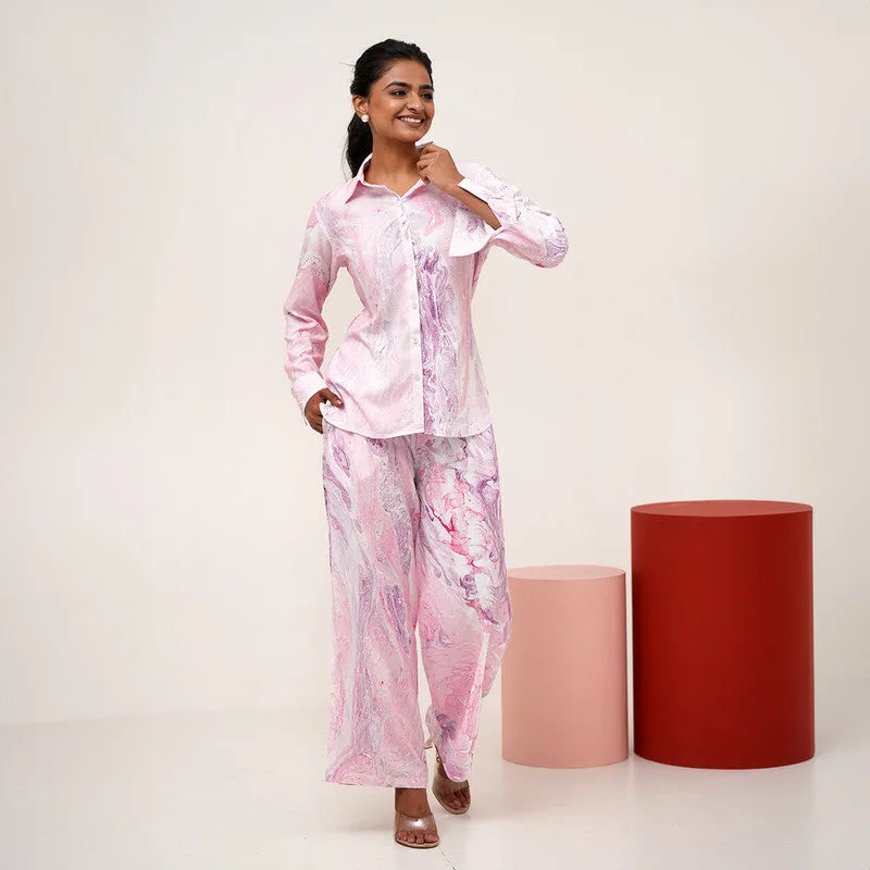 Co-Ord Set For Women | Marble Printed | Plant Based Silk | Pink & Purple