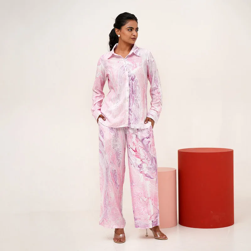 Co-Ord Set For Women | Marble Printed | Plant Based Silk | Pink & Purple