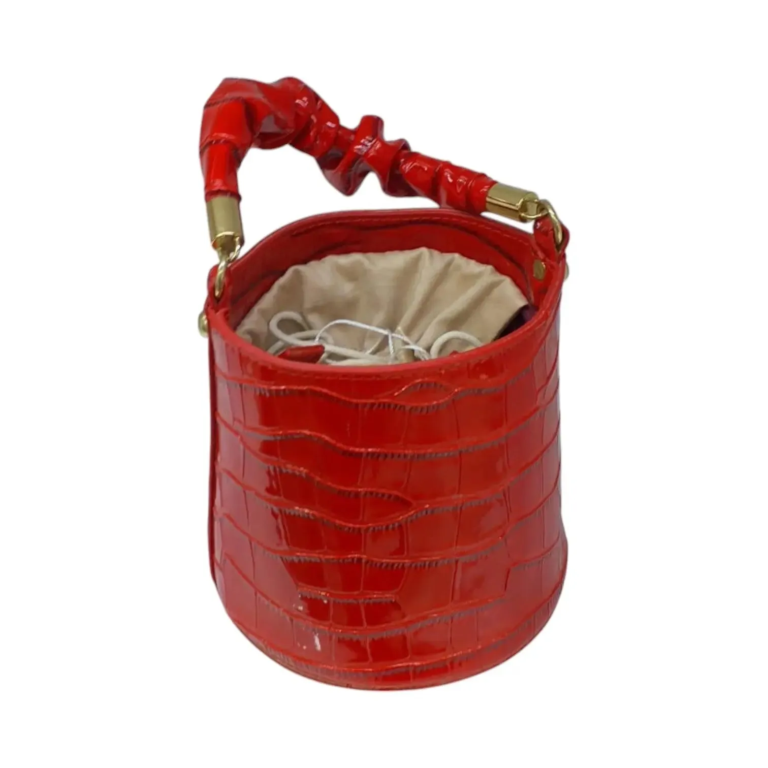 Croc-Embossed Bucket Bag with Ruched Handle