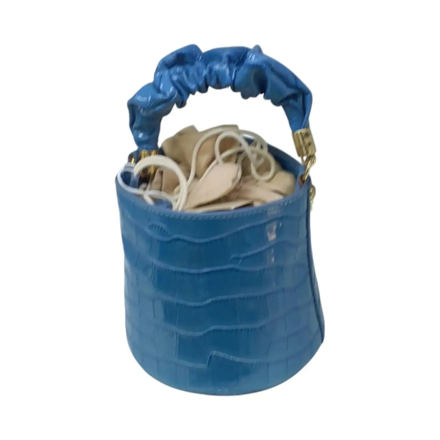 Croc-Embossed Bucket Bag with Ruched Handle