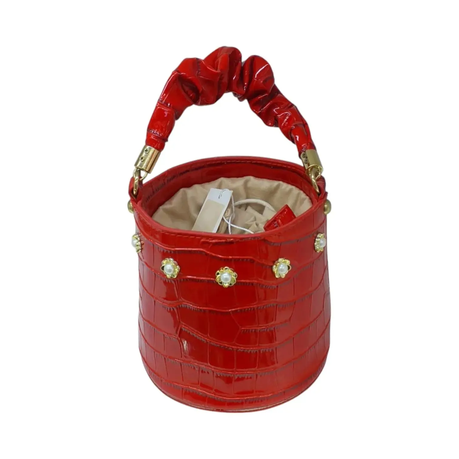 Croc-Embossed Bucket Bag with Ruched Handle