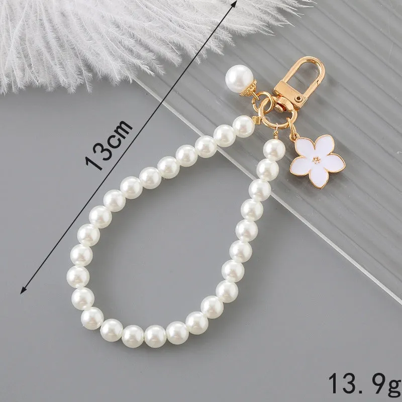 Cute Lady Sweet Flower Bow Knot Beaded Imitation Pearl Glass Beaded Bag Pendant Mobile Phone Chain Keychain