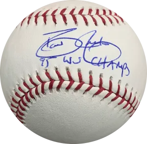 David Justice Autographed Rawlings Official Baseball (PSA) w/ Rare W.S. Champs Inscription