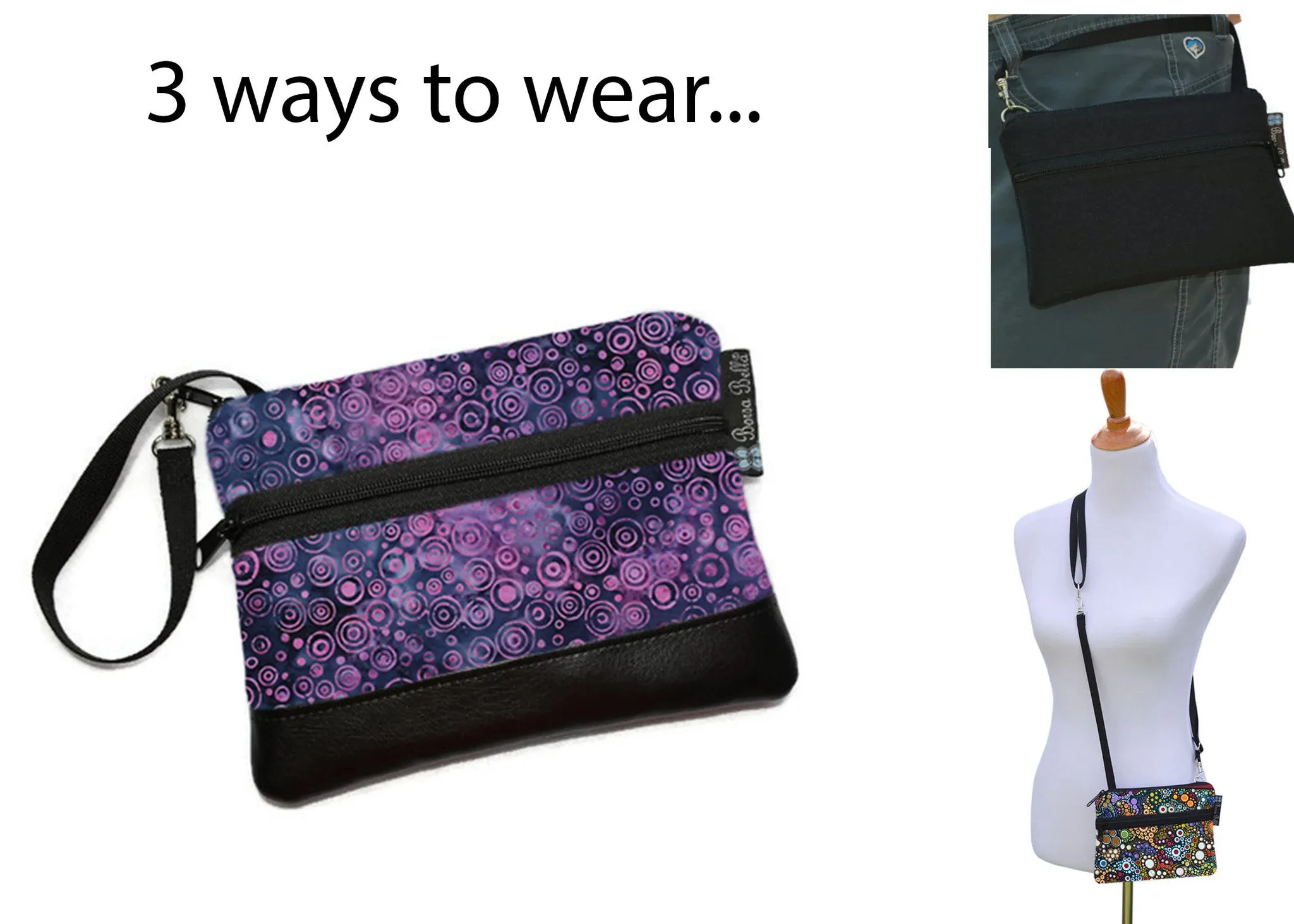 Deluxe Long Zip Phone Bag - Faux Leather Accent - Cross Body Option -  Ocean Blues Dot Fabric