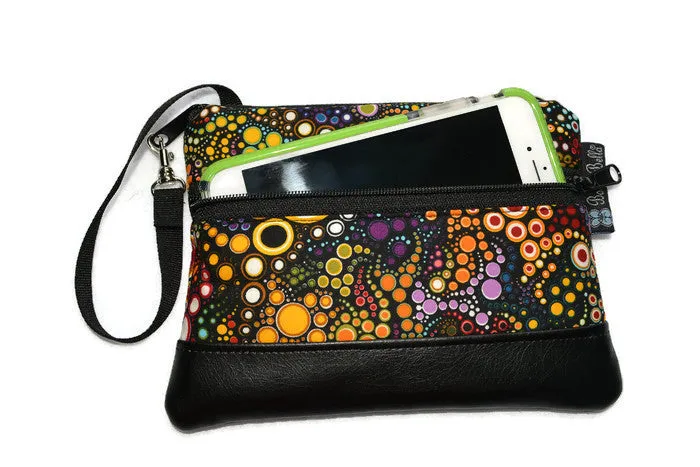 Deluxe Long Zip Phone Bag - Faux Leather Accent - Cross Body Option -  Ocean Blues Dot Fabric