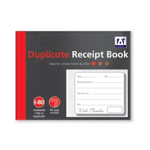 Duplicate Receipt Book - 1-80 Numbered Copies Record Keeping Financial Transactions Accounting Office Supplies