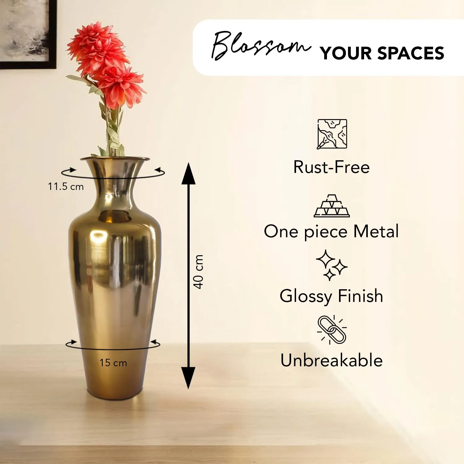 Ekhasa Unbreakable Big Metallic Copper Flower Vase for Home Decor | Aesthetic Tall Flower Vase Gift for Wedding, Housewarming, Parties, Gatherings | Decorative Metal Vase for Living Room, Office