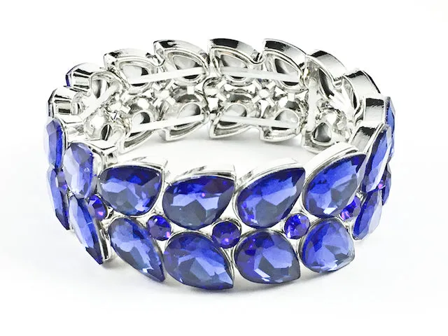 Fancy Stylish Large Pear Shape Blue Color Crystals Stretch Fashion Bracelet
